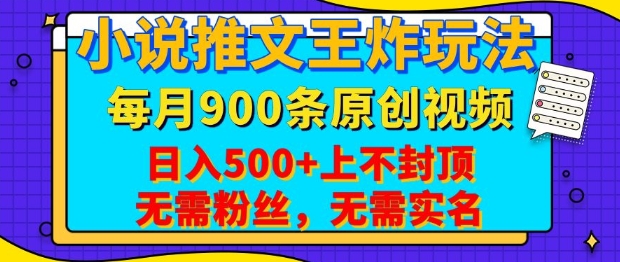 小说推文王炸玩法，一键代发，每月最多领900条原创视频，播放量收益日入5张，无需粉丝，无需实名【揭秘】-项目网