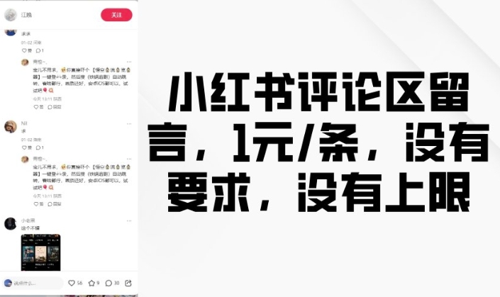小红书评论区留言，1元条，没有要求，没有上限-项目网