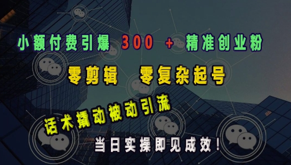 小额付费引爆 300 + 精准创业粉，零剪辑、零复杂起号，话术撬动被动引流，当日实操即见成效-项目网