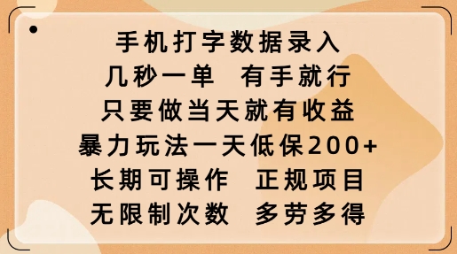 手机打字数据录入，几秒一单，有手就行，只要做当天就有收益，暴力玩法一天低保2张-项目网