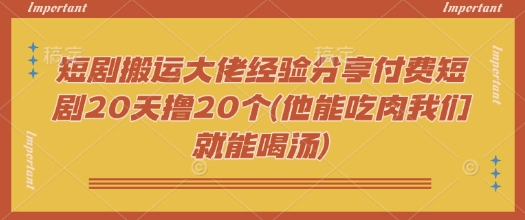 短剧搬运大佬经验分享付费短剧20天撸20个(他能吃肉我们就能喝汤)-项目网