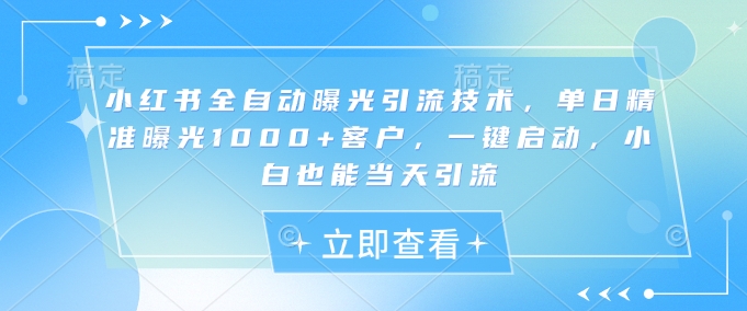 小红书全自动曝光引流技术，单日精准曝光1000+客户，一键启动，小白也能当天引流【揭秘】-项目网