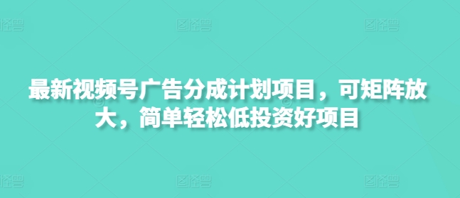 最新视频号广告分成计划项目，可矩阵放大，简单轻松低投资好项目-项目网