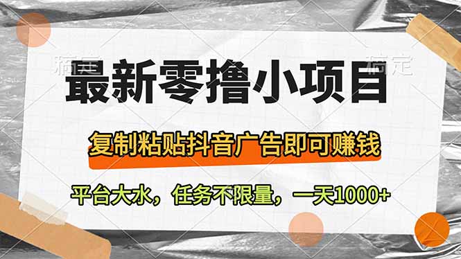 最新零撸小项目，复制粘贴抖音广告即可赚钱，平台大水，任务不限量，一…-项目网
