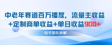 中老年赛道百万播放+流量主收益+定制收益，单日收益9张-项目网