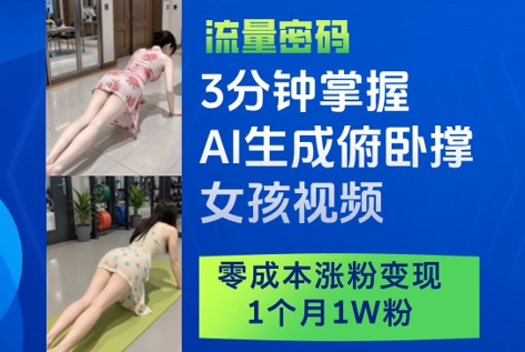 3分钟掌握AI生成俯卧撑女孩视频，零成本涨粉变现，1个月1W粉-项目网