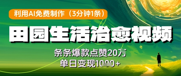 利用AI免费制作田园生活治愈视频，条条爆款点赞20W，单日变现几张-项目网