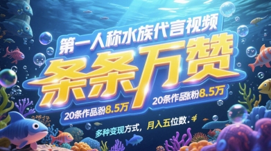 第一人称水族代言视频，条条万赞，20条作品涨粉7.8W，多种变现方式月入五位数-项目网
