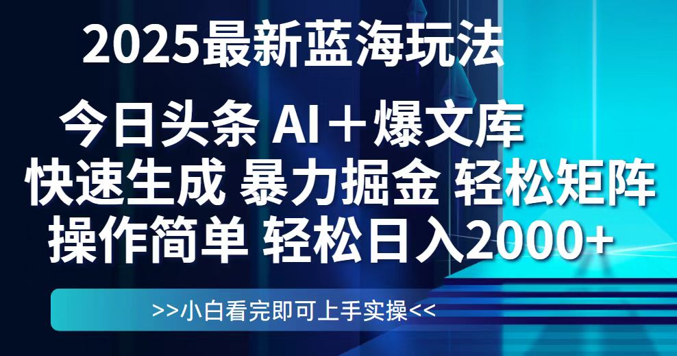 今日头条2025最新蓝海玩法，思路简单，复制粘贴，轻松实现矩阵日入2000+-项目网