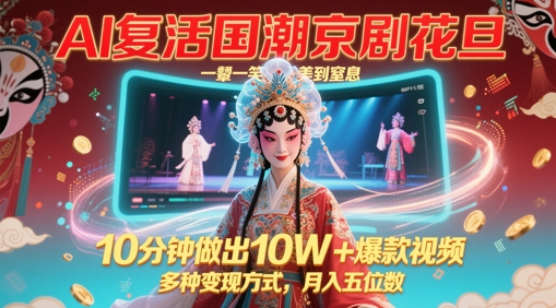 AI复活国潮京剧花旦，一颦一笑美到窒息，10分钟做出10W+爆款视频，多种变现方式，月入五位数-项目网