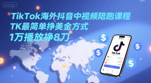 TikTok海外抖音中视频陪跑课程，TK最简单挣美金方式，1万播放挣8刀-项目网