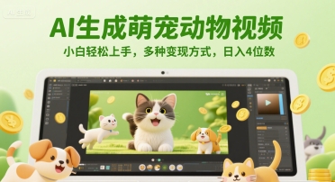 AI生成萌宠动物视频，小白轻松上手，多种变现方式，日入4位数-项目网