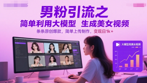 男粉引流之简单利用大模型生成美女视频，条条原创爆款，简单上传制作，变现日1k+-项目网