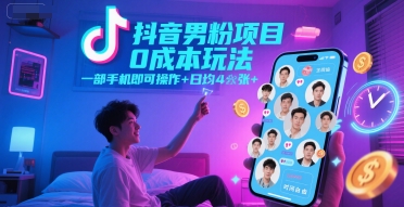 抖音男粉项目0成本玩法，一部手机即可操作，日均4张+，时间自由-项目网