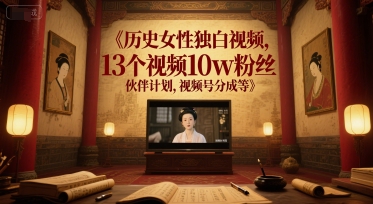 历史女性独白视频，13个视频10w粉丝，伙伴计划，视频号分成等-项目网