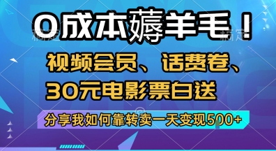 0成本薅羊毛!视频会员、话费卷、30元电影票白送，分享我如何靠转卖一天变现5张+【揭秘】-项目网