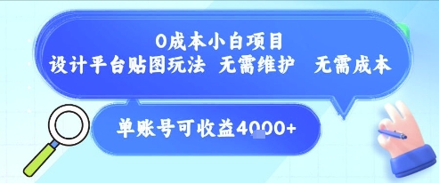 0成本小白项目，设计平台贴图玩法，无需维护，无需成本，单账号单月可产生收益4k+-项目网