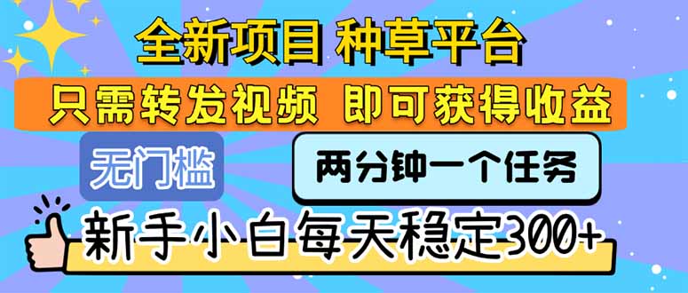 全新项目 种草平台 只需要转发任务视频 即可获得收益 新手小白每天300+-项目网