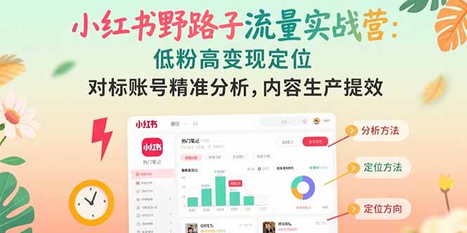 小红书野路子流量实战营：低粉高变现定位 对标账号精准分析 内容生产提效-项目网