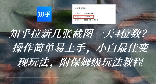 知乎拉新几张截图一天4位数？操作简单易上手，小白最佳变现玩法，附保姆级玩法教程-项目网