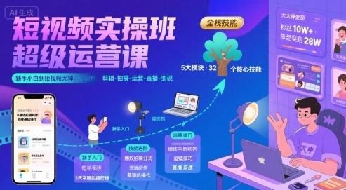 短视频实操班超级运营课，新手小白到短视频大神必修课程，剪辑-拍摄-运营-直播-变现-项目网