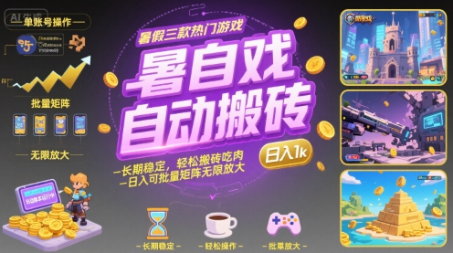 暑假三款热门游戏自动搬砖，长期稳定，轻松搬砖吃肉，日入1k ，可批量矩阵无限放大【揭秘】-项目网