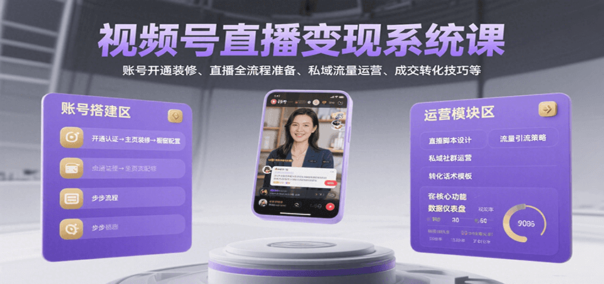视频号直播变现系统课，账号开通装修、直播全流程准备、私域流量运营、成交转化技巧等-项目网
