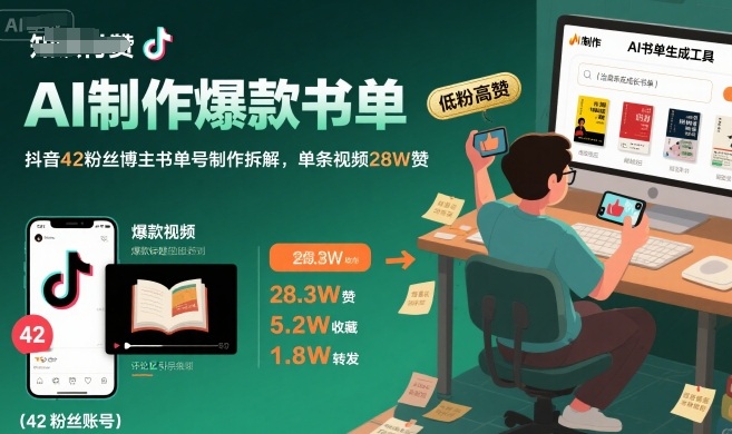 AI制作爆款书单，抖音42粉丝博主书单号制作拆解，单条视频28W赞-项目网