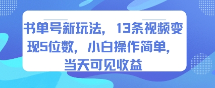 书单号新玩法，13条视频变现5位数，小白操作简单，当天可见收益-项目网