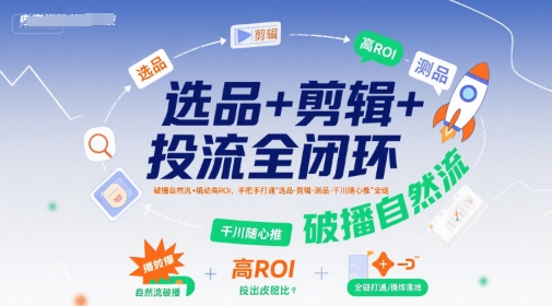 选品+剪辑+投流全闭环，破播自然流+撬动高ROI，手把手打通“选品-剪辑-测品-千川随心推”全链-项目网