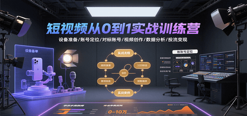 短视频从0到1实战训练营：设备准备/账号定位/对标账号/视频创作/数据分析/投流变现-项目网
