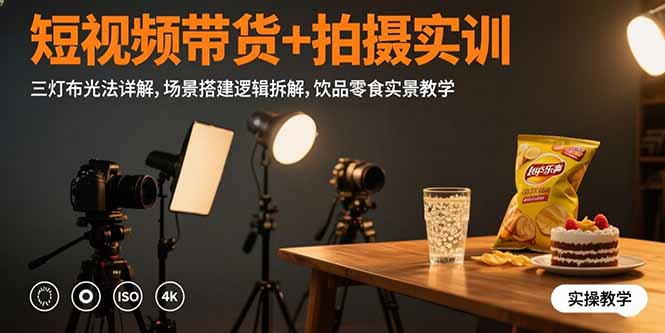 短视频带货+拍摄实训：三灯布光法详解,场景搭建逻辑拆解,饮品零食实景教学-项目网