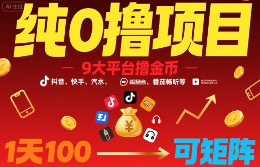 纯0撸项目，9大平台撸金币，抖音，快手，汽水，番茄畅听等，1天100，可矩阵-项目网