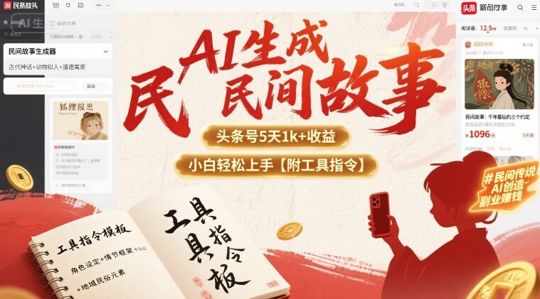 AI生成民间故事，头条号5天1k+，小白轻松上手【附工具指令】-项目网