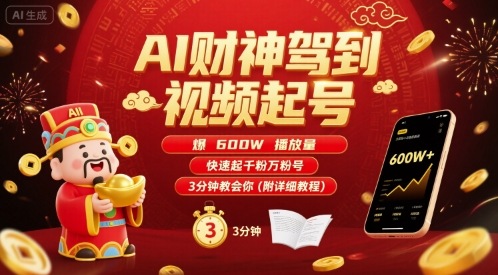 AI财神驾到视频起号，爆600W播放量，快速起千粉万粉号，3分钟教会你(附详细教程)-项目网