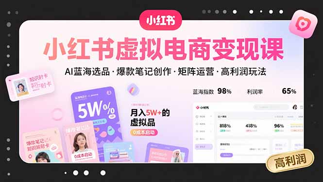 小红书虚拟电商变现课，AI蓝海选品，爆款笔记创作，矩阵运营，高利润玩法-项目网