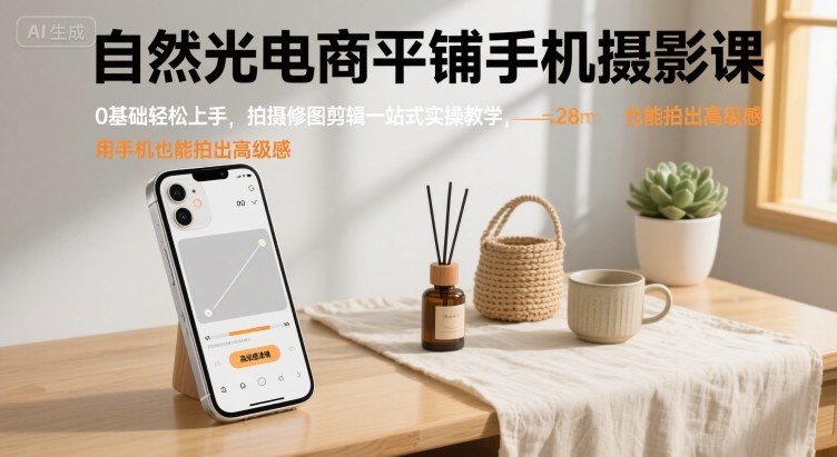 自然光电商平铺手机摄影课，0基础轻松上手，拍摄修图剪辑一站式实操教学，用手机也能拍出高级感-项目网
