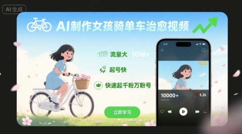 AI制作女孩骑单车治愈视频，流量大，起号快，快速起千粉万粉号-项目网