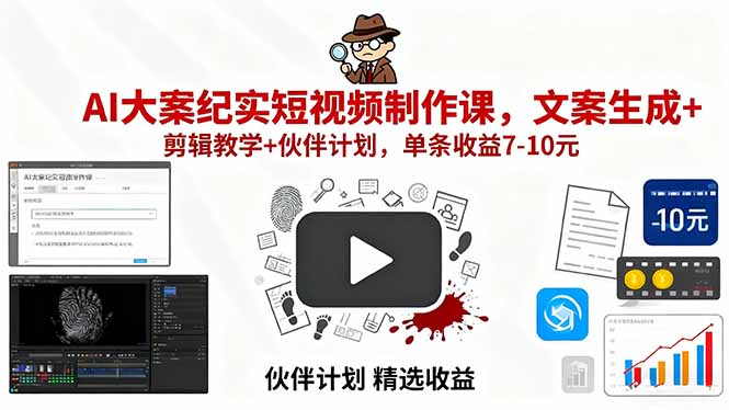 AI大案纪实短视频制作课，文案生成+剪辑教学+伙伴计划，单条收益7-10元-项目网