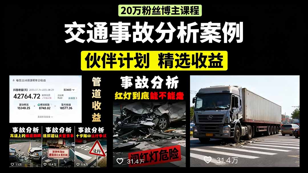 交通事故分析案例短视频，剪辑技巧+文案模板+配音教学+快速起号 月收益2w+-项目网
