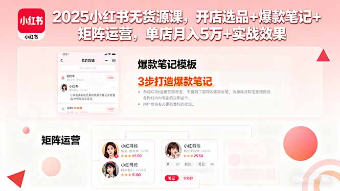 2025小红书无货源课，开店选品+爆款笔记+矩阵运营，单店月入5万+实战效果-项目网