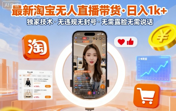 最新淘宝无人直播带货，日入1k+，独家技术，无违规无封号，无需露脸无需说话【揭秘】-项目网