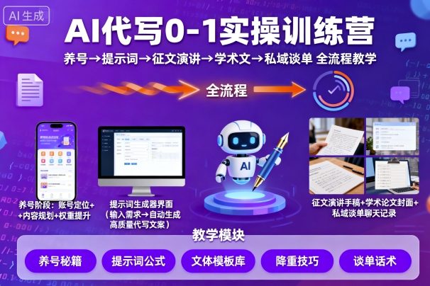 AI代写0-1实操训练营，从养号、提示词、征文演讲、学术文，到私域谈单的全流程教学-项目网