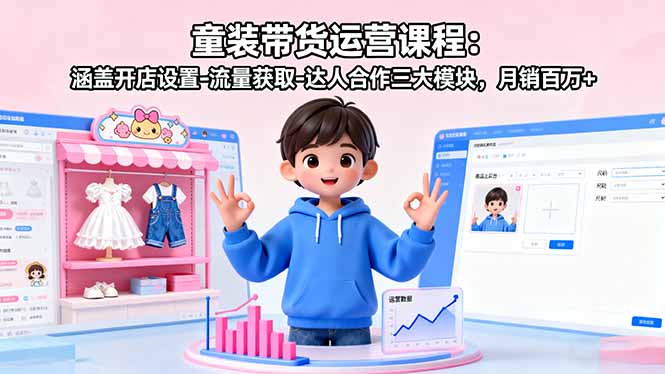 童装带货运营课程：涵盖开店设置-流量获取-达人合作三大模块，月销百万+-项目网