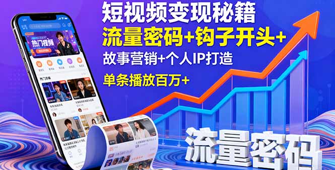 短视频变现秘籍，流量密码+钩子开头+故事营销+个人IP打造，单条播放百万+-项目网