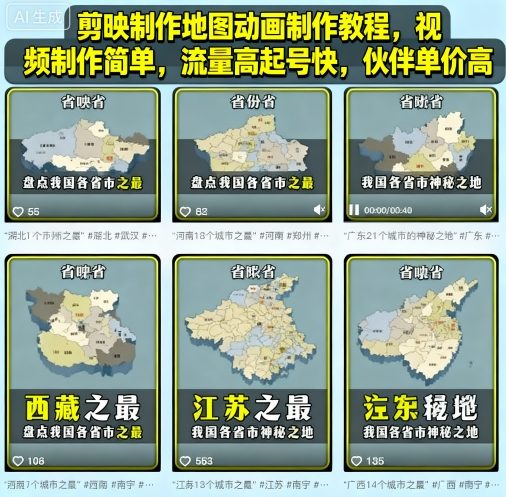 剪映制作地图动画制作教程，视频制作简单，流量高起号快，伙伴单价高-项目网