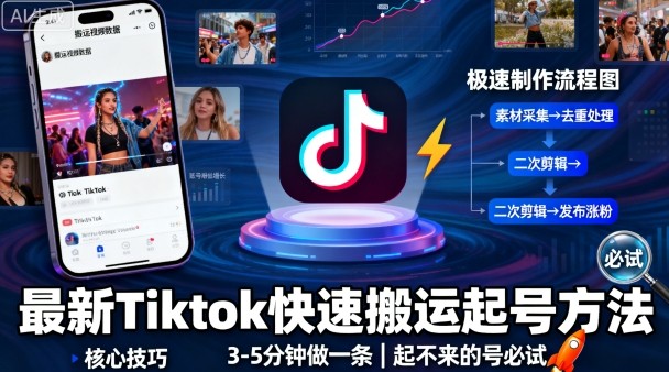 最新Tiktok快速搬运快速起号方法，3-5分钟做一条，起不来的号可以试试-项目网