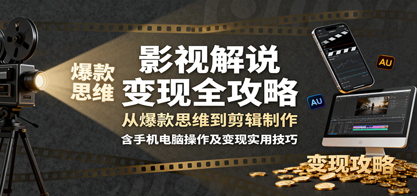 影视解说变现全攻略：从爆款思维到剪辑制作，含手机电脑操作及变现实用技巧-项目网