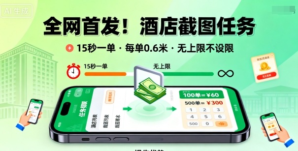 全网首发！酒店截图任务，15秒一单，每单0.6米，任务无上限不设限，矩阵操作单日3张到手【揭秘】-项目网