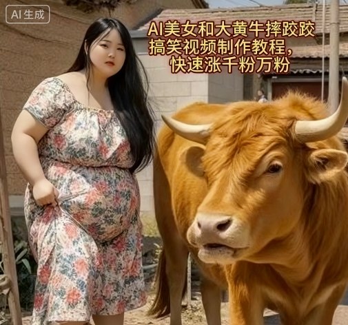 AI美女和大黄牛摔跤搞笑荒诞视频制作教程，快速涨千粉万粉-项目网